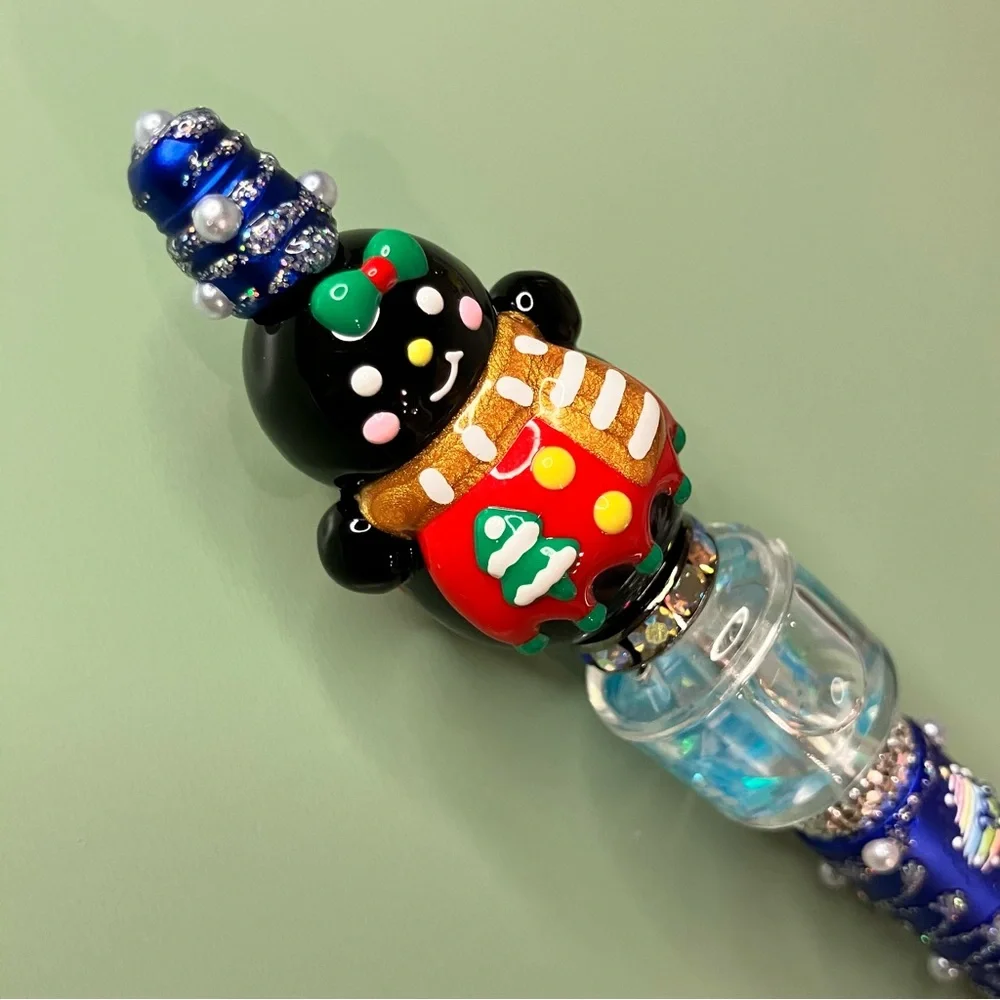 Handpainted Snowman Christmas Magic Blue Sparkles Handmade Beaded Pen